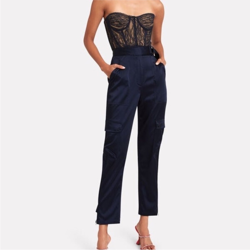 Navy Satin Cargo Pants with Zipper Details